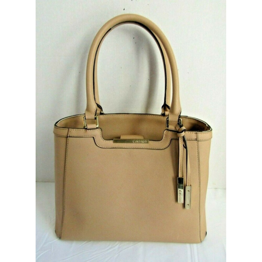 Calvin Klein Taupe Leather Shoulder Bag Womens Designer Structured Handbag - Picture 2 of 10